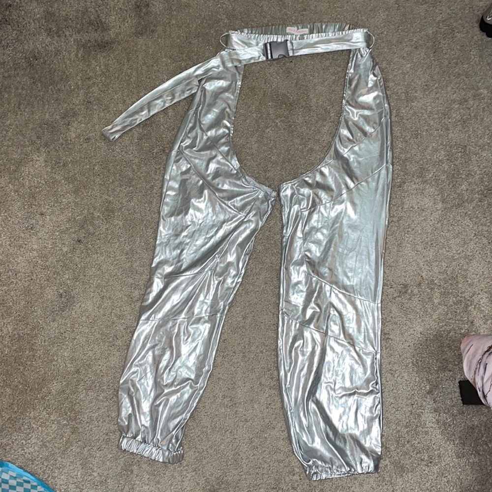 Metallic silver assless chaps